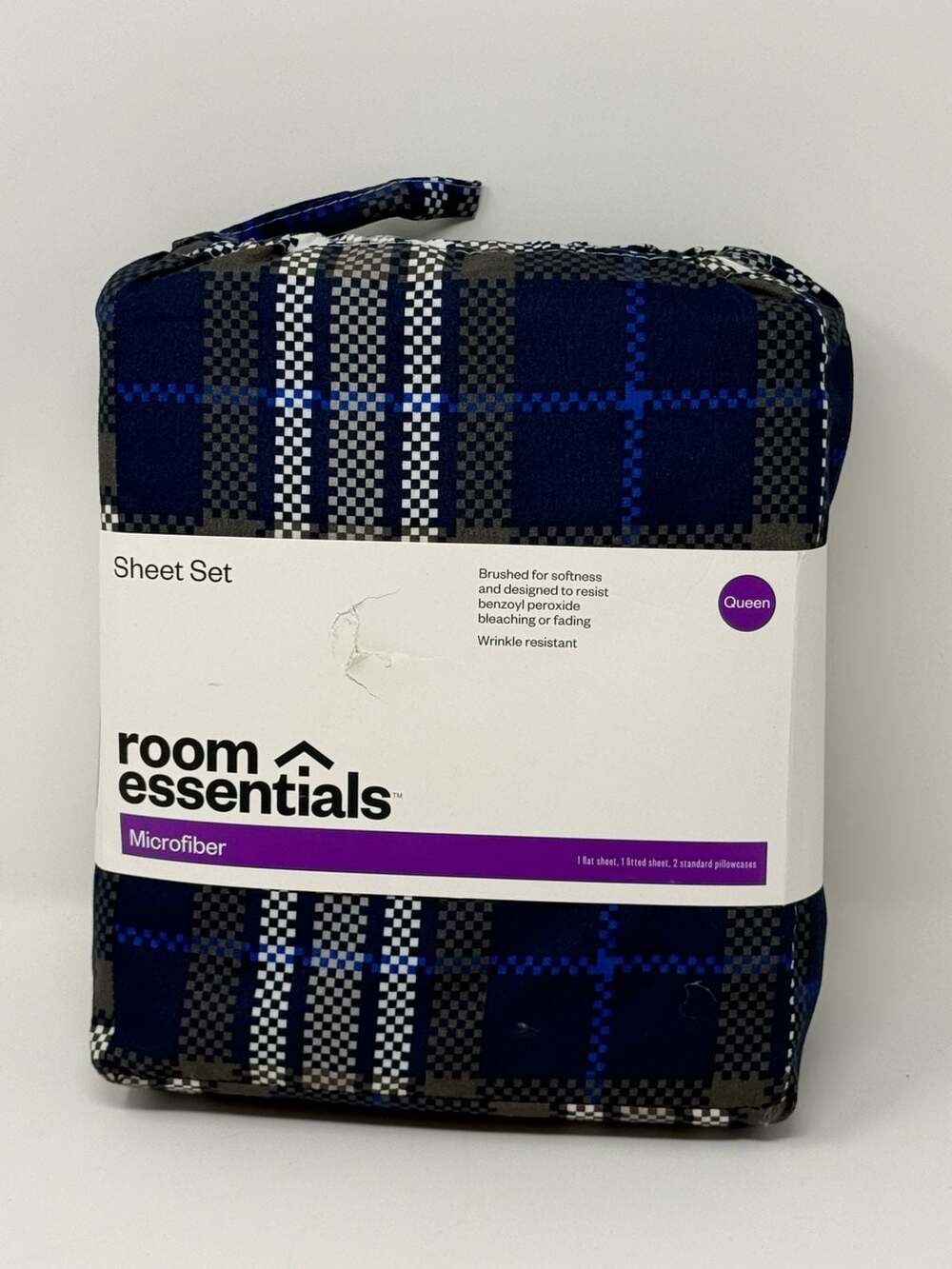 Room Essentials Queen Microfiber Sheet Set Navy Blue Gray Plaid Checkered